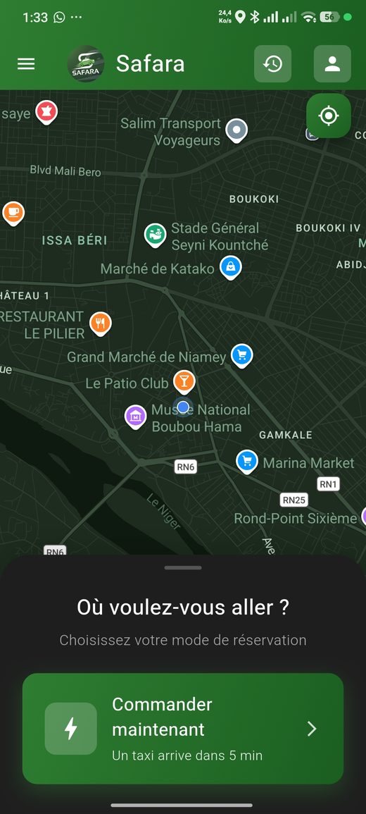 Capture d'écran de l'application Safara à Niamey